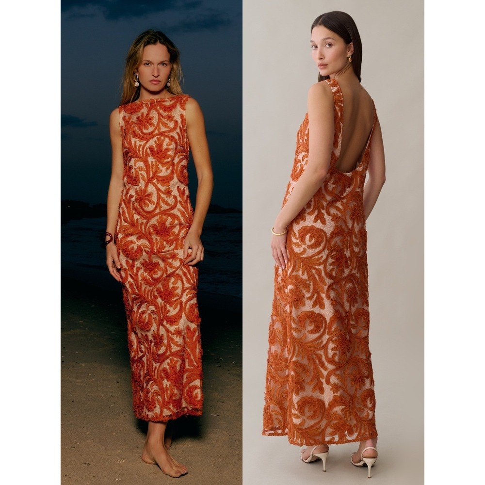 Embroidered Orange Maxi Dress with Open Back